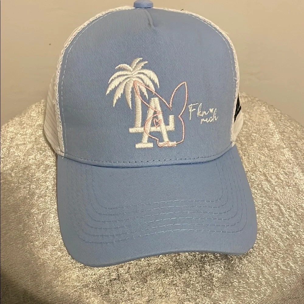 FKN Rich Hat Trucker Blue &White Mesh Snapback LA Palm Tree Bunny  (B7)✨
